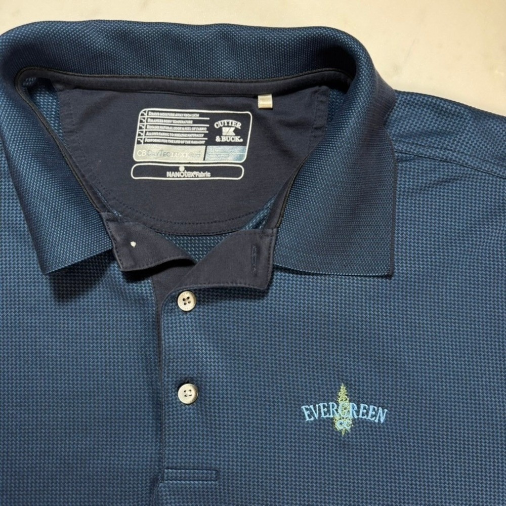 Cutter & Buck Evergreen CC Mens DryTec Polo Shirt Blue‎ Logo Size Large NanoTex